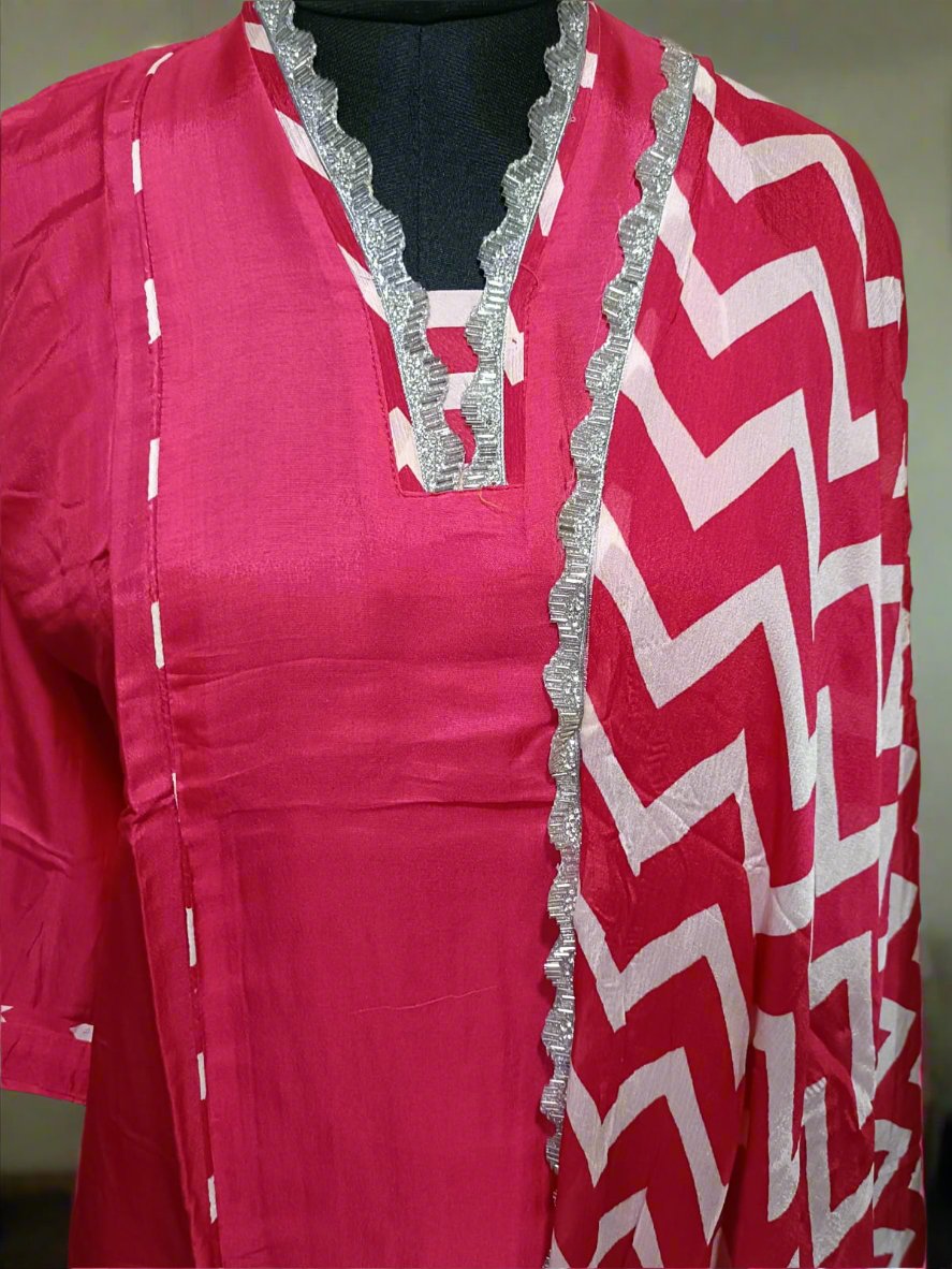 Stunning Pink Abstract Print Russian Silk Suit Set With Sequence Lace Work