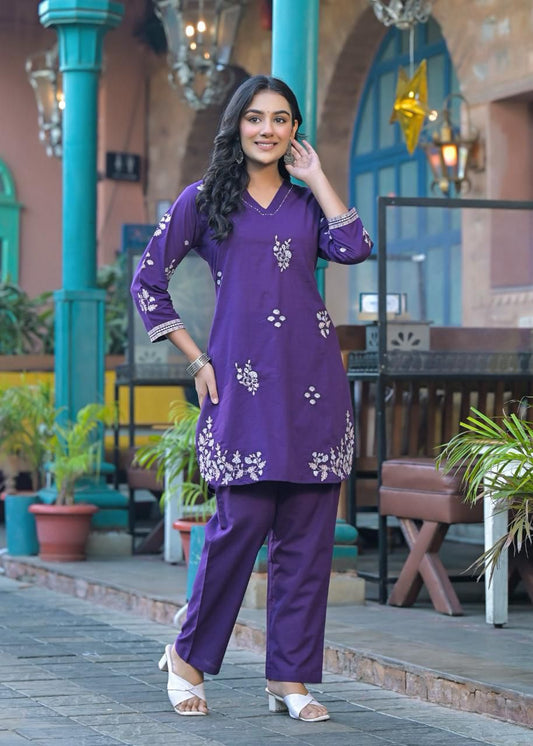 Purple Cotton Flex Two Piece Embroidery Set