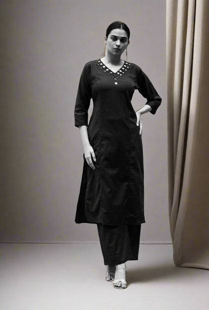 Elegant Cotton Flex Kurti Pant Set in Black With Mirror Work On The Yoke