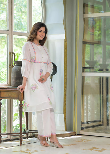Elegant Mul Cotton A-Line Kurta Set in White
