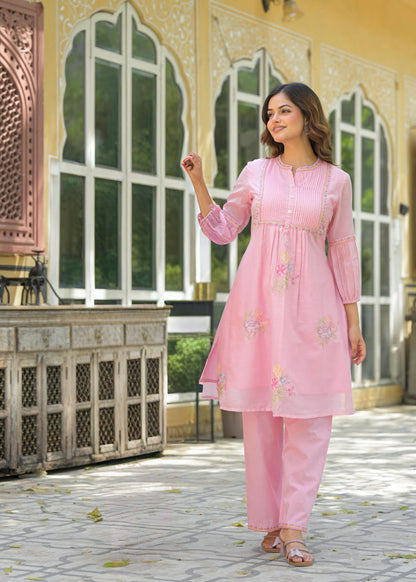 Elegant Mul Cotton A-Line Kurta Set in Pink