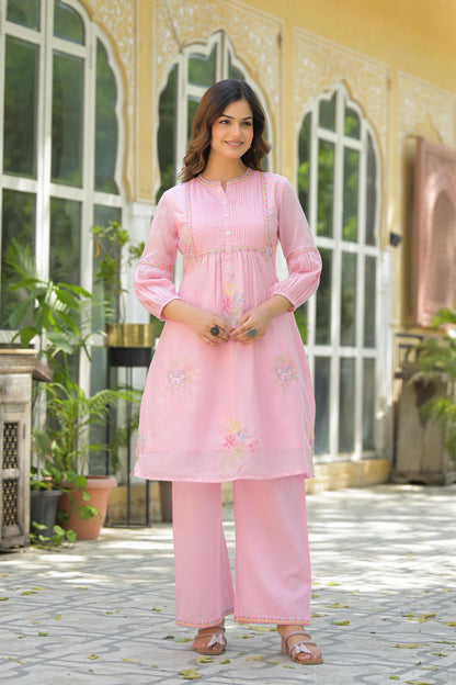 Elegant Mul Cotton A-Line Kurta Set in Pink