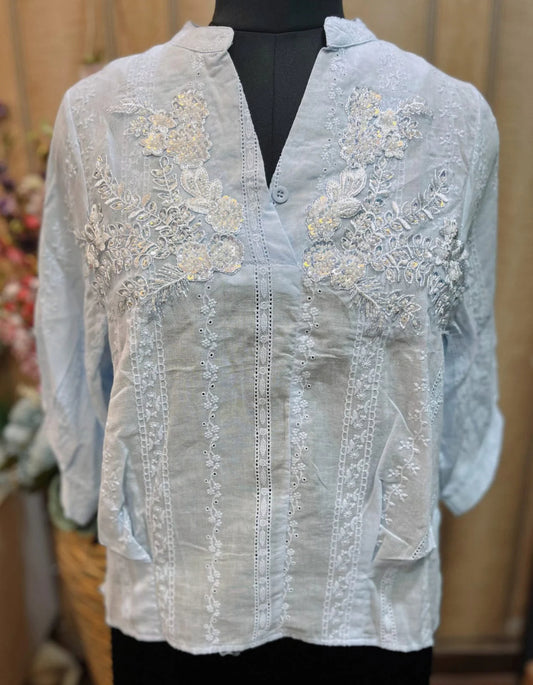 Pastel Blue Top With Embroidery And Sequin Details