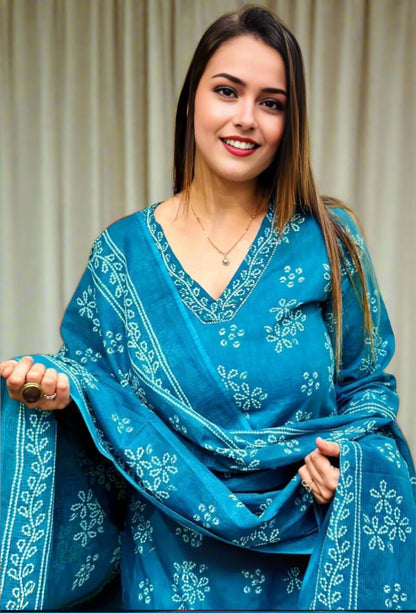 Bandhej Print Premium Cotton Suit Set in Aqua Blue