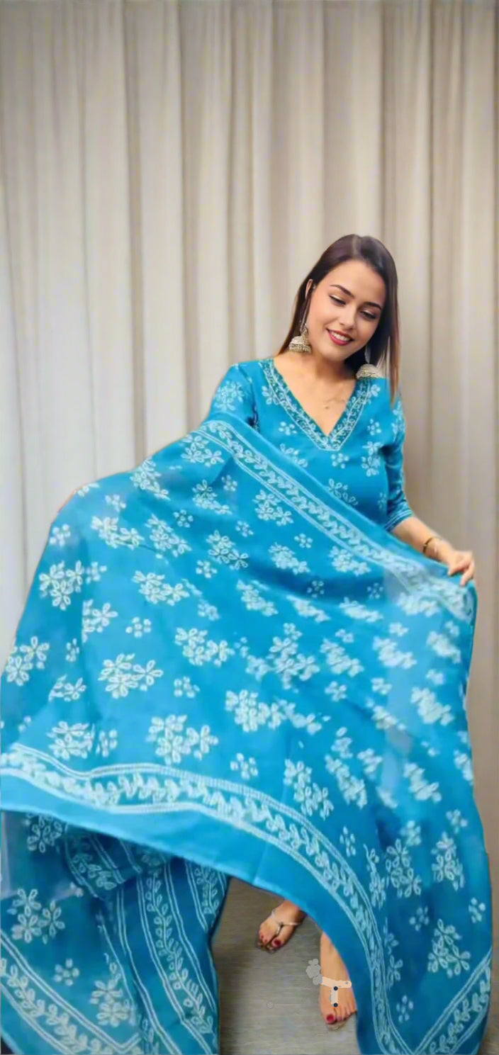 Bandhej Print Premium Cotton Suit Set in Aqua Blue