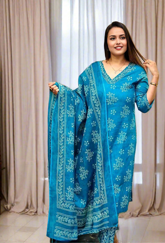 Bandhej Print Premium Cotton Suit Set in Aqua Blue