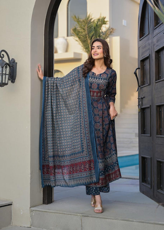 Premium Cotton Ajrakh Kurti Set With Hand Work Highlights.
