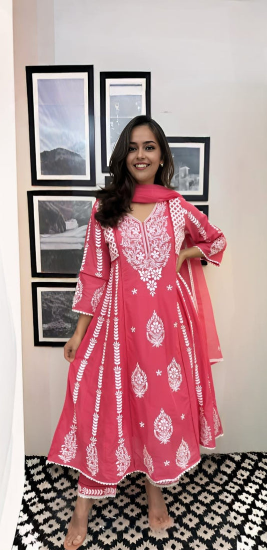 Beautiful Embroidered Lucknowi Suit In Vibrant Pink(Fuchsia)