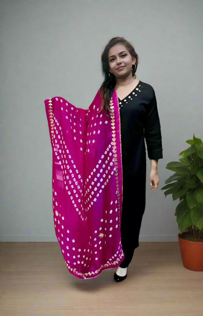 Elegant Mirror Work  Cotton Flex Kurti Pant Set in Black Paired With Pink Silk Bandhani Dupatta