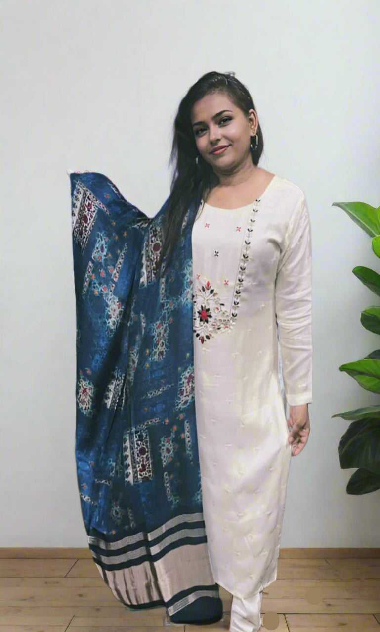 Exquisite Off White Embroidered Silk Blend Kurta Pant and  Rich Blue Dupatta