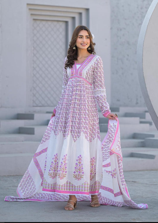 Elegant Designer Premium Mul Cotton Long A-Line Gown with Dupatta.