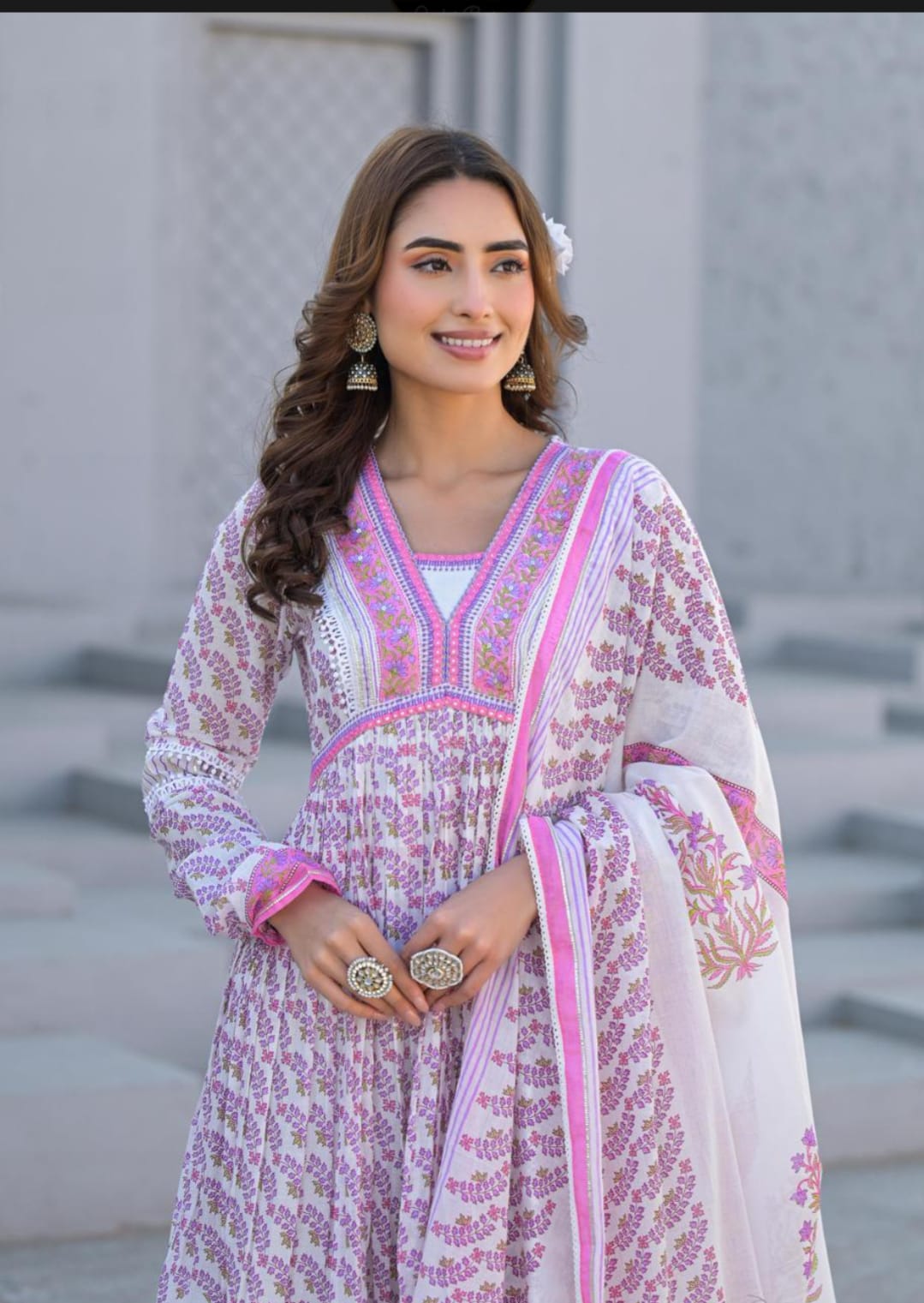 Elegant Designer Premium Mul Cotton Long A-Line Gown with Dupatta.