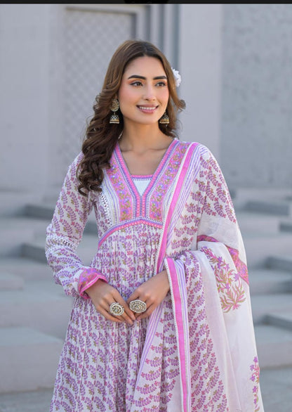 Elegant Designer Premium Mul Cotton Long A-Line Gown with Dupatta.