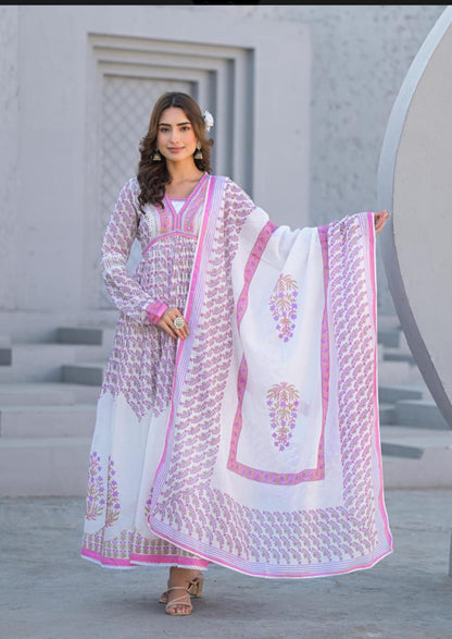 Elegant Designer Premium Mul Cotton Long A-Line Gown with Dupatta.