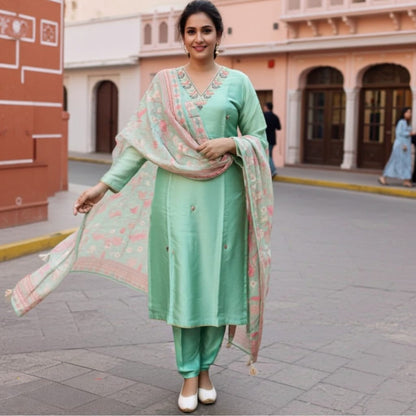 Sea Green Party Wear Simar Suit With Digital Print Dupatta