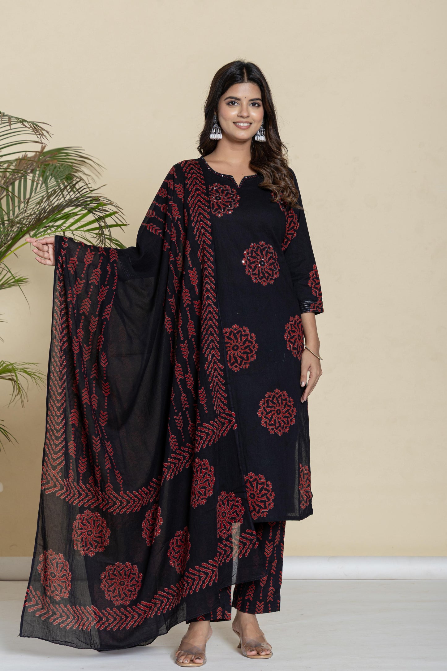 Beautiful Pure Cotton Block Print Dupatta Set in Black