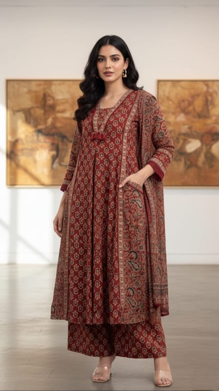 Ajrakh Print Suit Set In Red