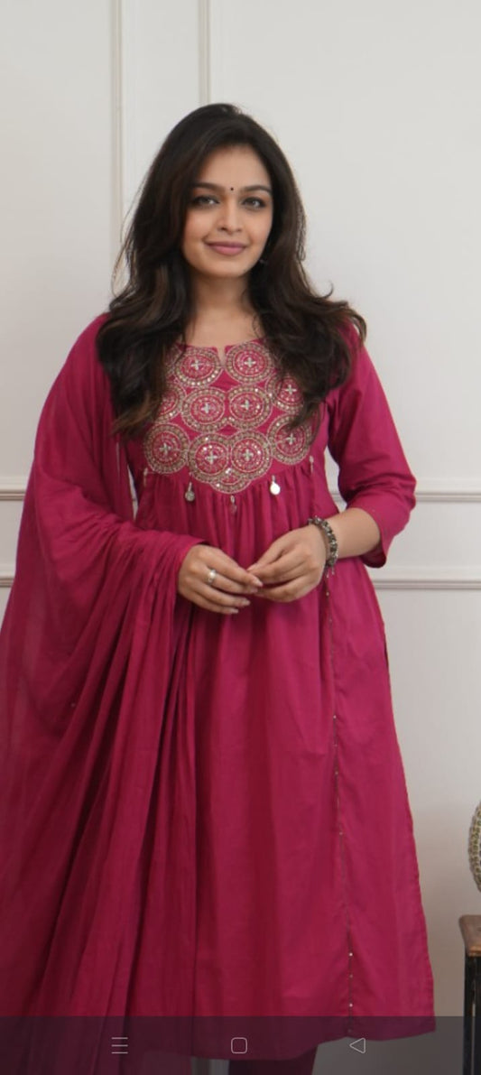 Beautiful A Line Rajwadi Work Kurti Set in Magenta