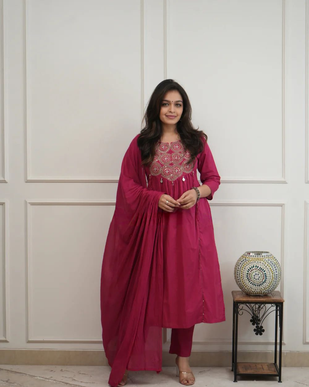 Beautiful A Line Rajwadi Work Kurti Set in Magenta