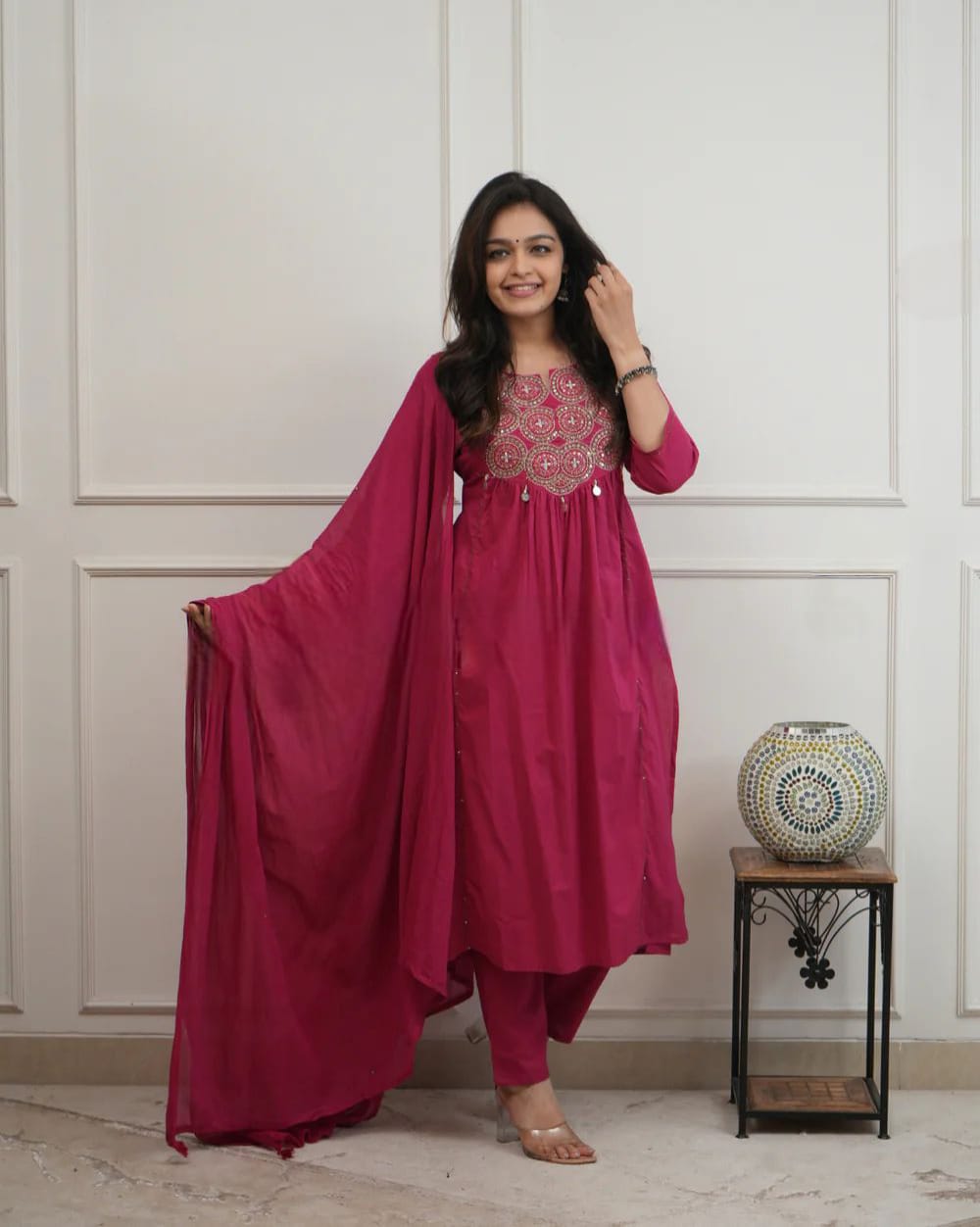Beautiful A Line Rajwadi Work Kurti Set in Magenta