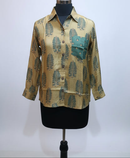 Digital Print Muslin Silk Shirt in Mustard