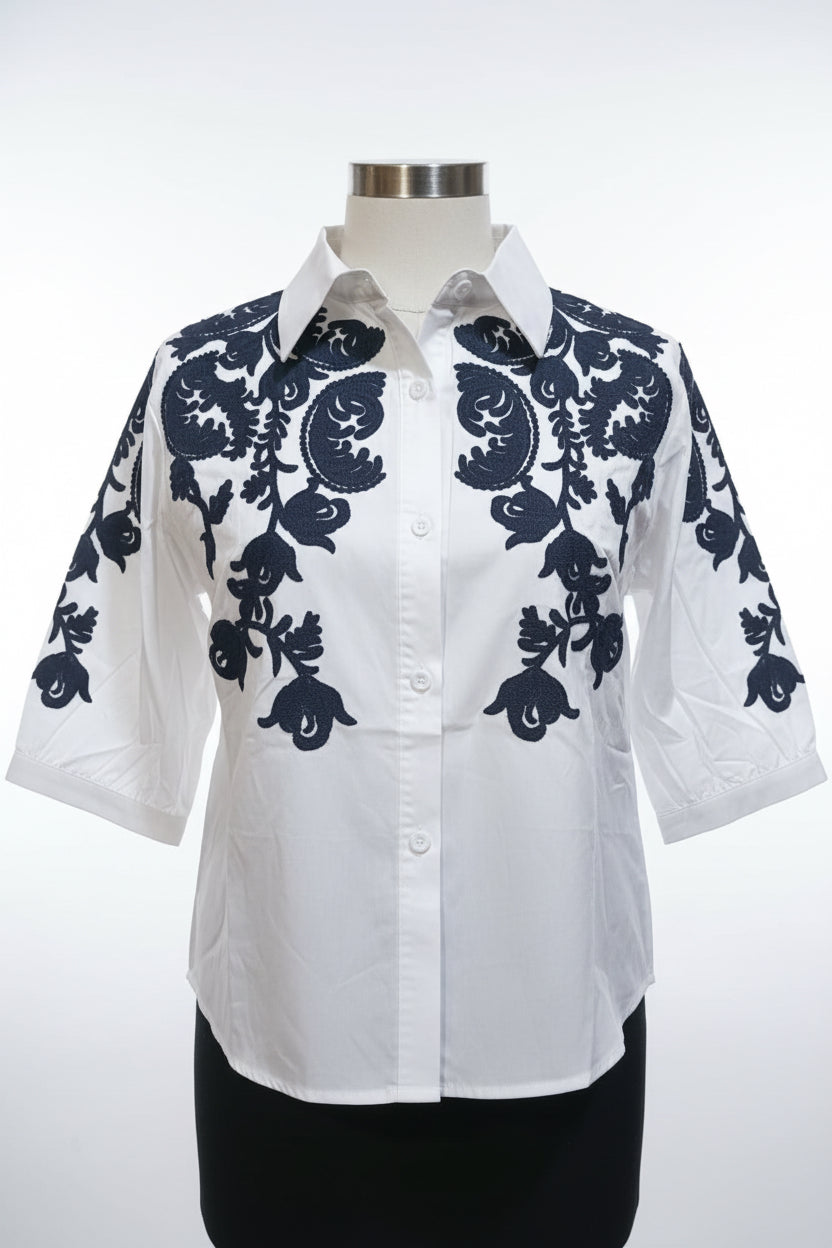 Trendy White Cotton Embroidered Shirt