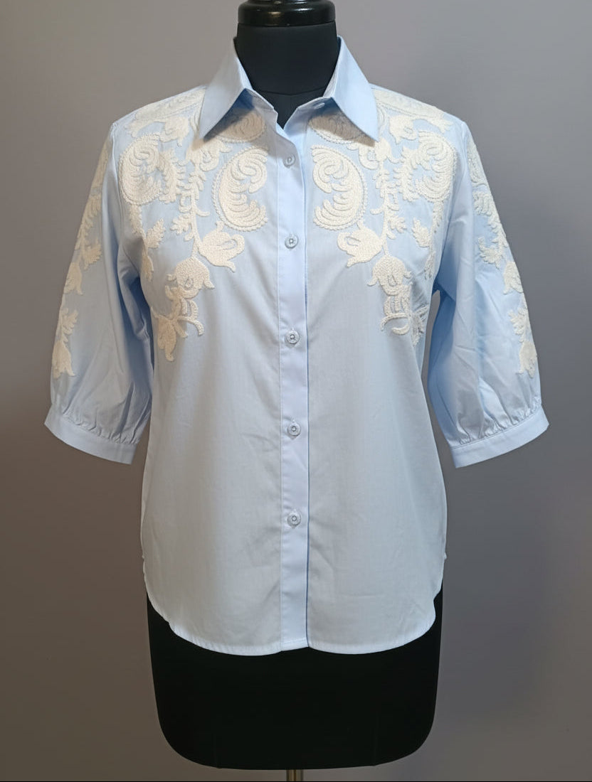 Trendy Light Blue Cotton Embroidered Shirt