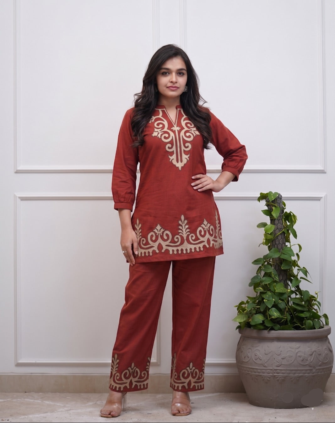Rust Brown Embroidered Co-ord Set