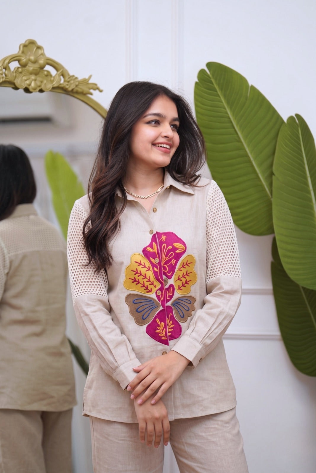 Elegant Beige Embroidered Jute Co-ord Set