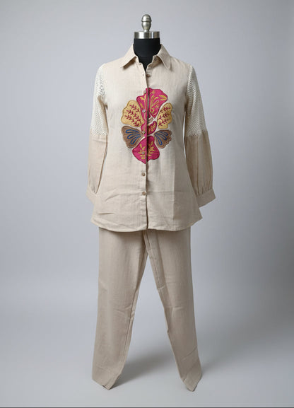 Elegant Beige Embroidered Jute Co-ord Set