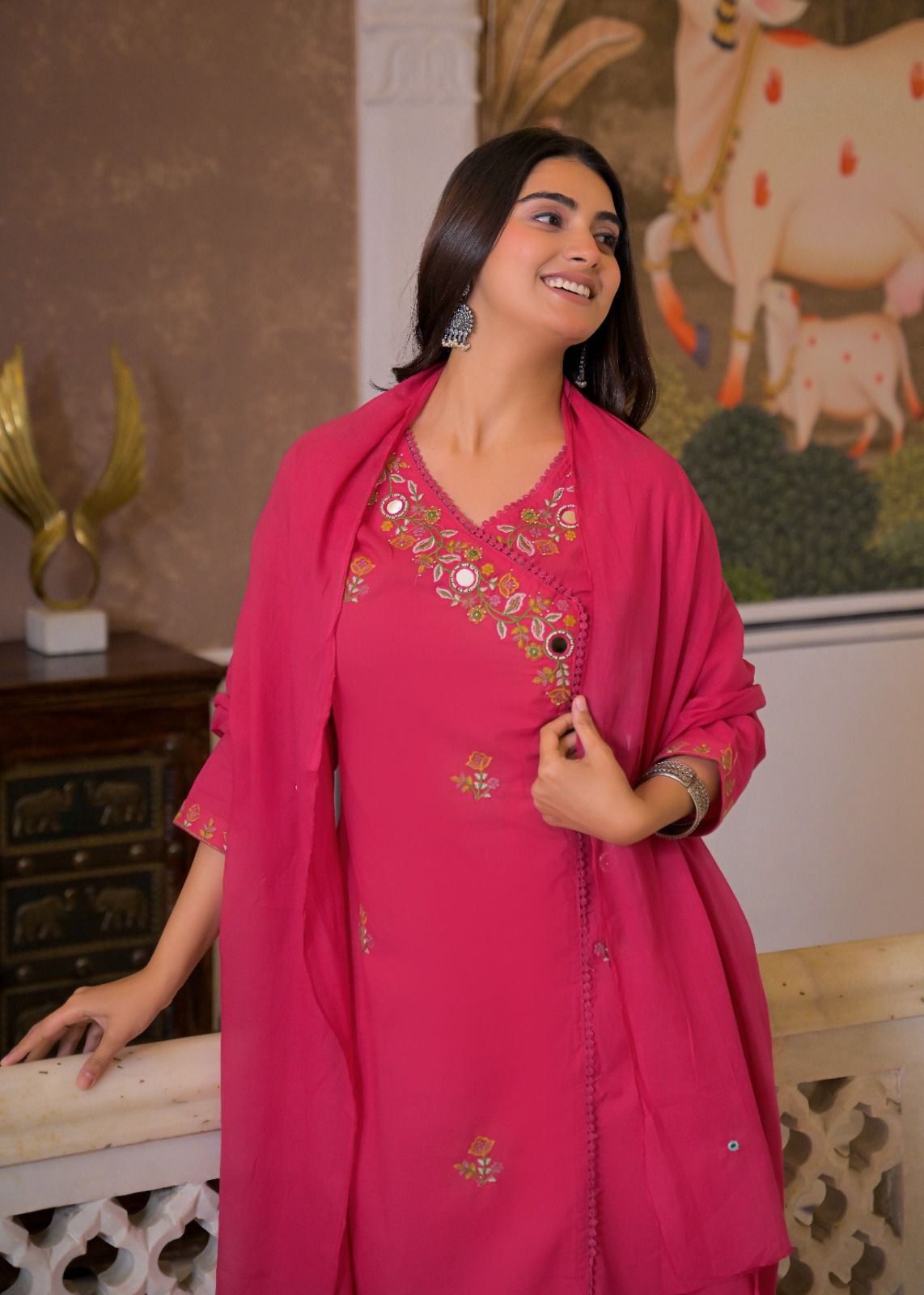 Beautiful Fuchsia Pink Angrakha Style Embroidered Kurta Set with Dupatta