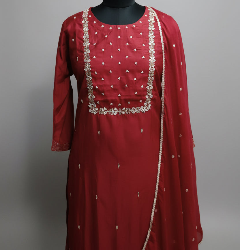 Classic Embroidered Sequinned Straight Kurta with Trousers & Dupatta in Maroon