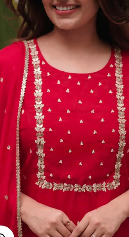 Classic Embroidered Sequinned Straight Kurta with Trousers & Dupatta in Maroon