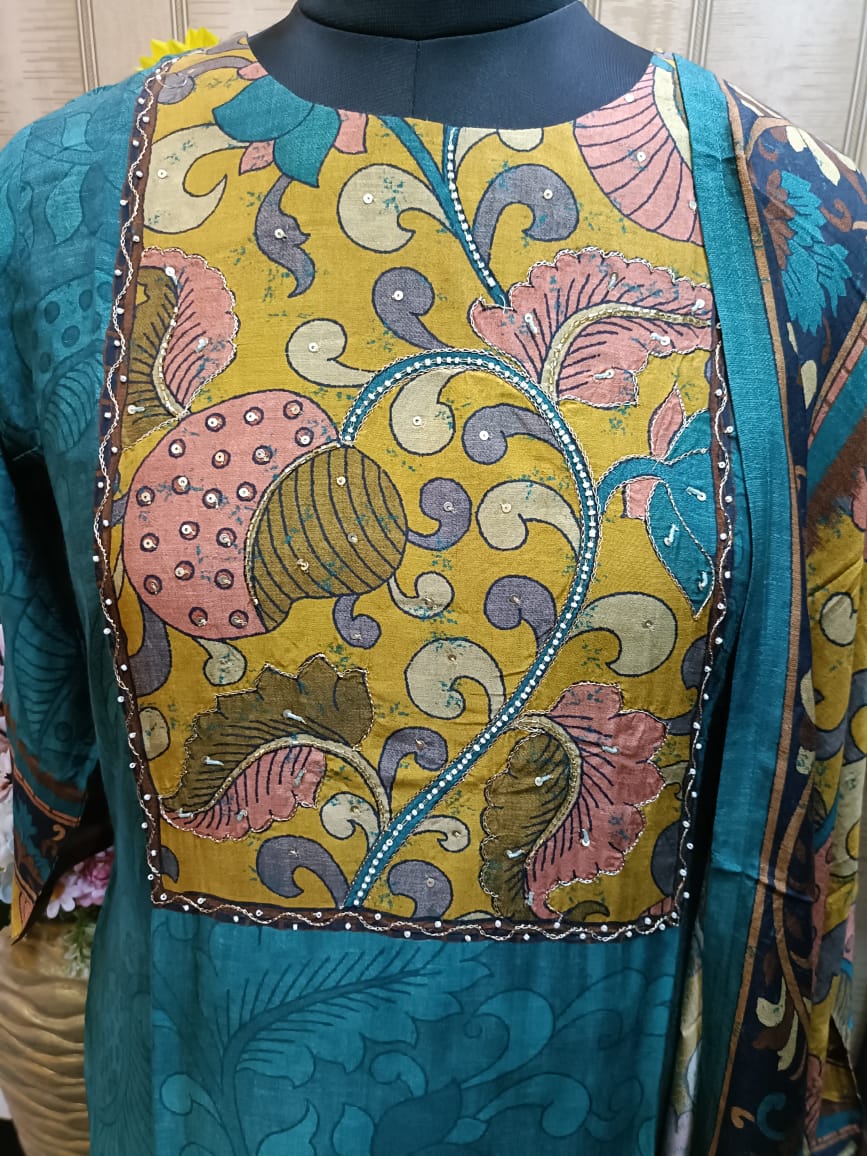 Elegant Teal Kalamkari Printed, Straight Kurta Set with Pant and Dupatta in Muslin Silk