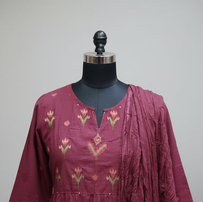 Elegant Maroon Three-piece Ethnic Set