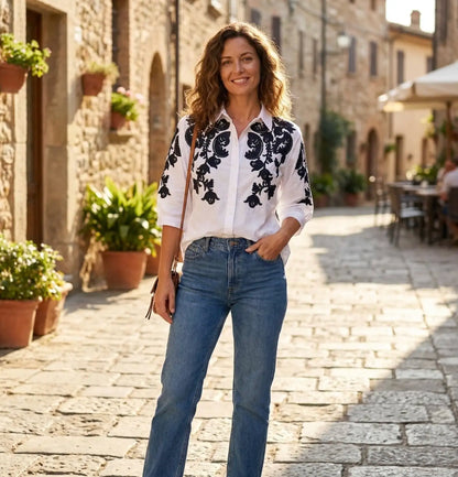 Trendy White Cotton Embroidered Shirt