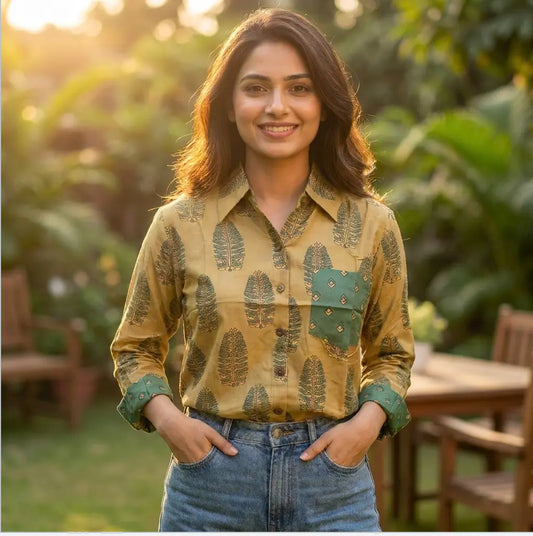 Digital Print Muslin Silk Shirt in Mustard