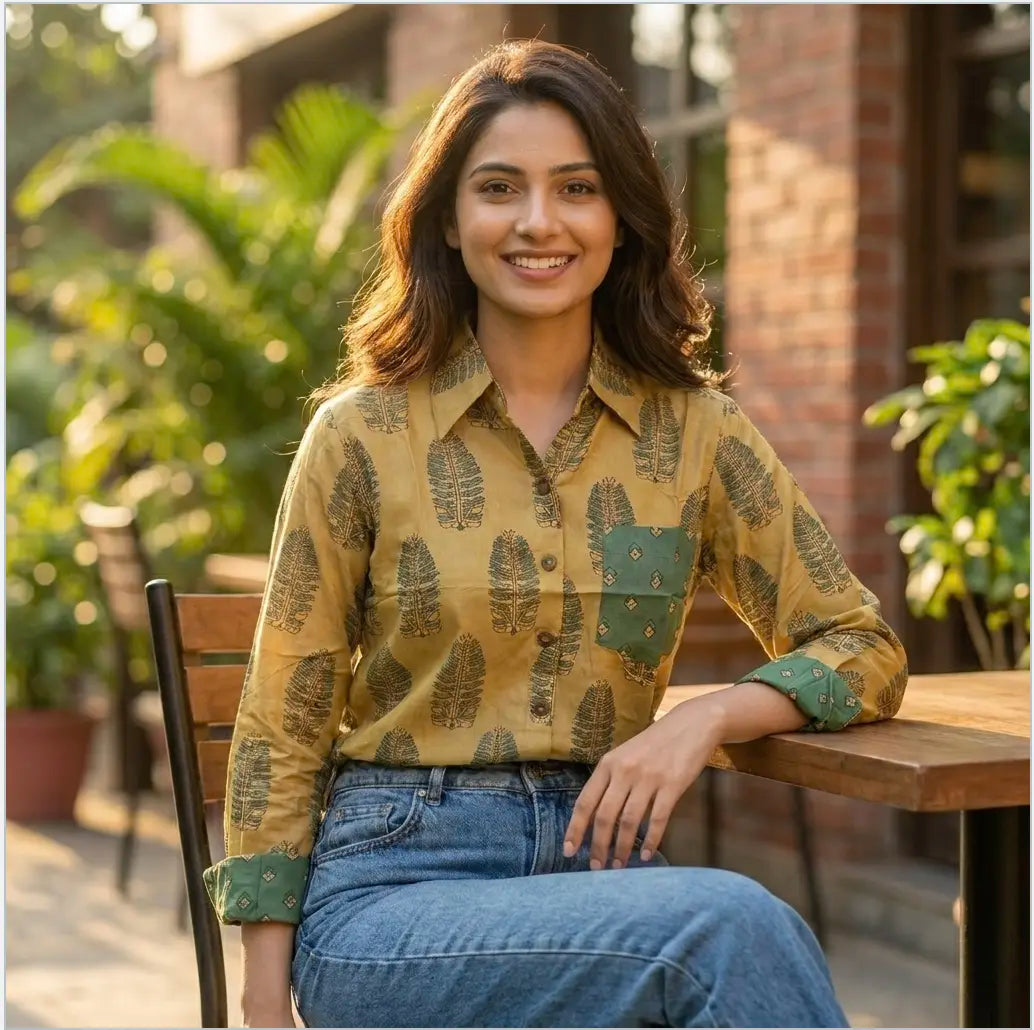 Digital Print Muslin Silk Shirt in Mustard