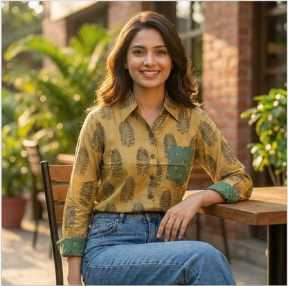 Digital Print Muslin Silk Shirt in Mustard