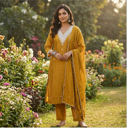 Mustard Yellow Chanderi Silk Kurta Set with Mirror Work Neckline