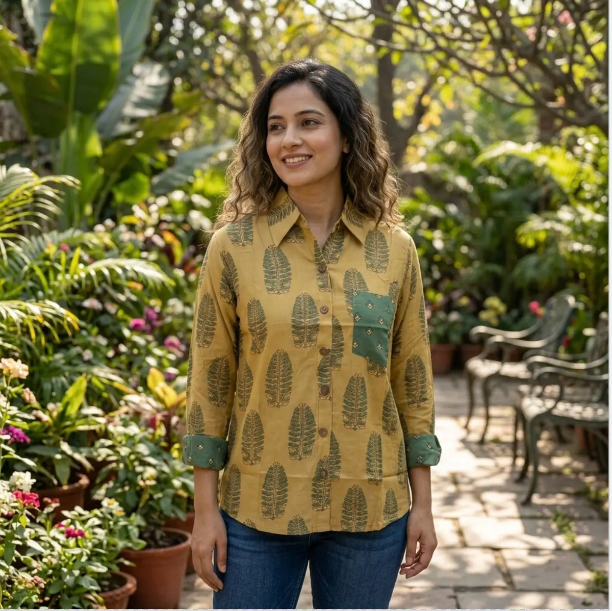Digital Print Muslin Silk Shirt in Mustard