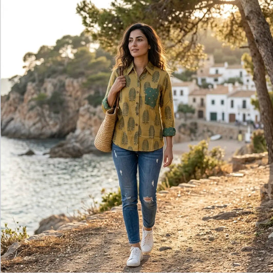 Digital Print Muslin Silk Shirt in Mustard