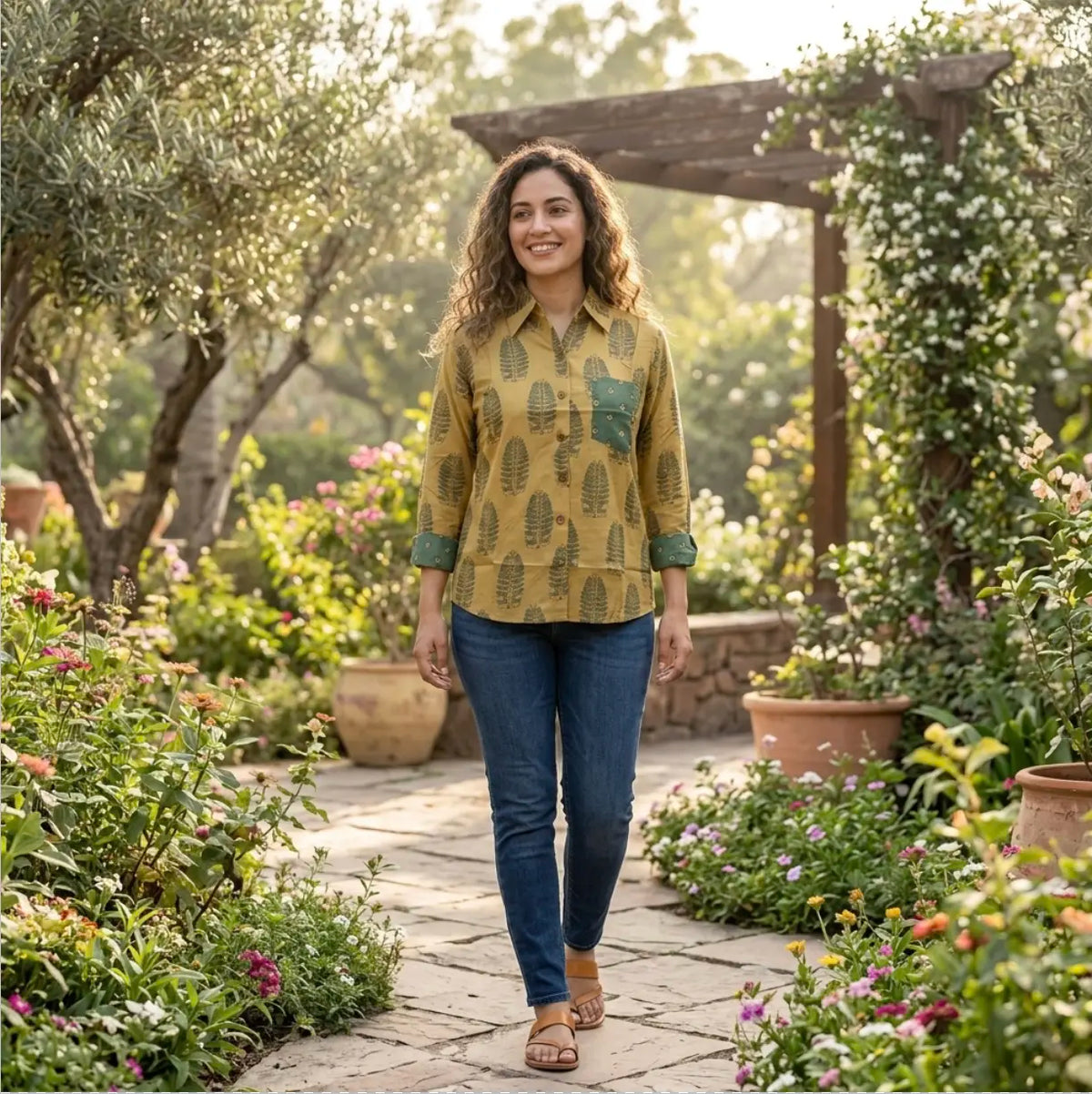 Digital Print Muslin Silk Shirt in Mustard