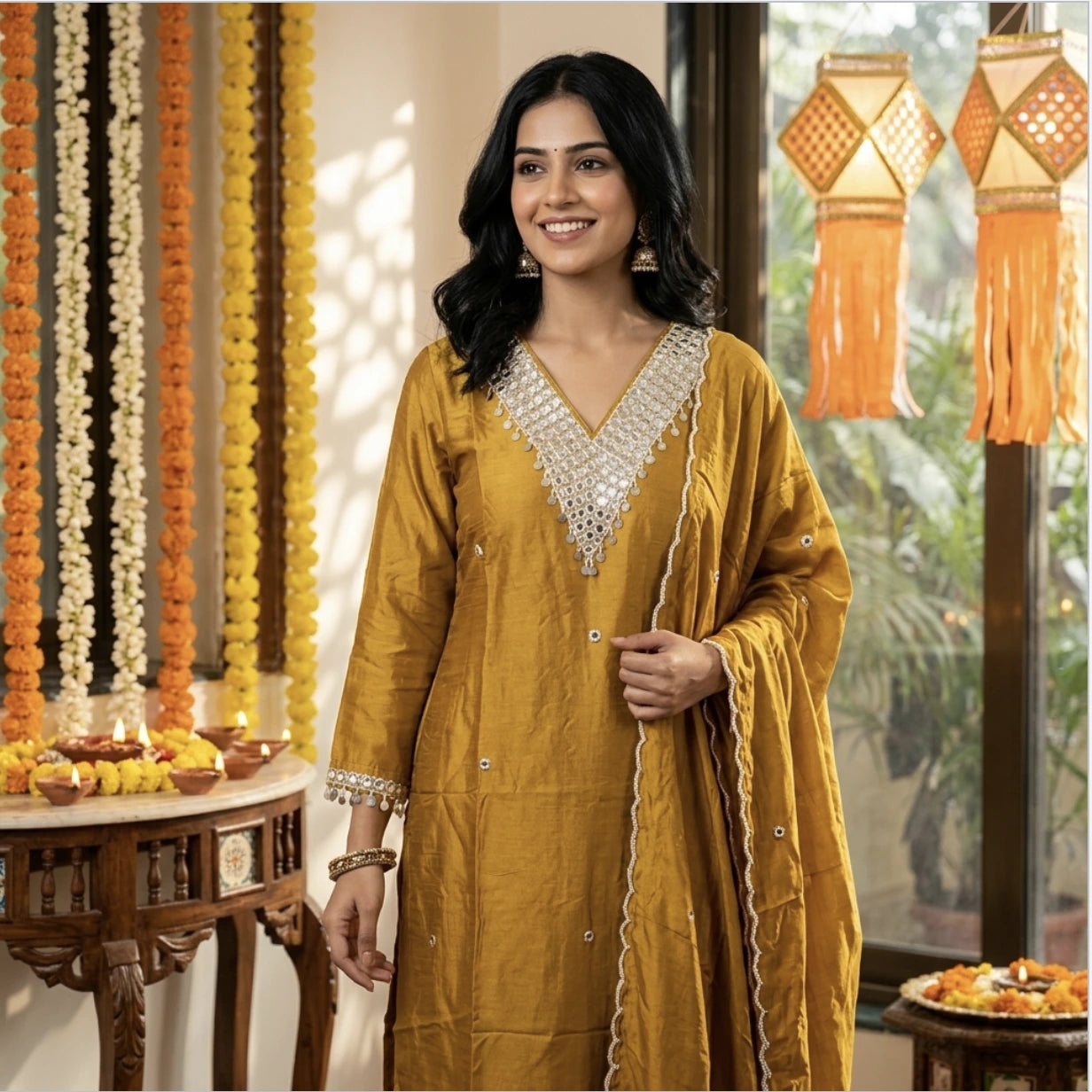Mustard Yellow Chanderi Silk Kurta Set with Mirror Work Neckline