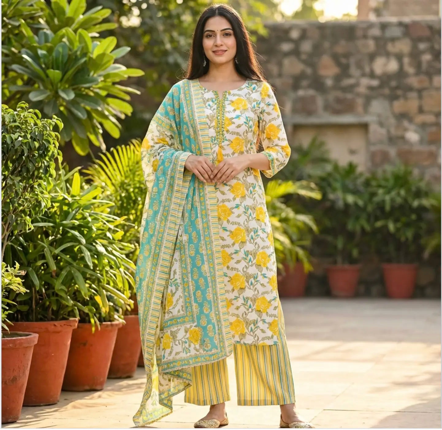 Yellow Floral Printed Straight Kurta Pant With Dupatta