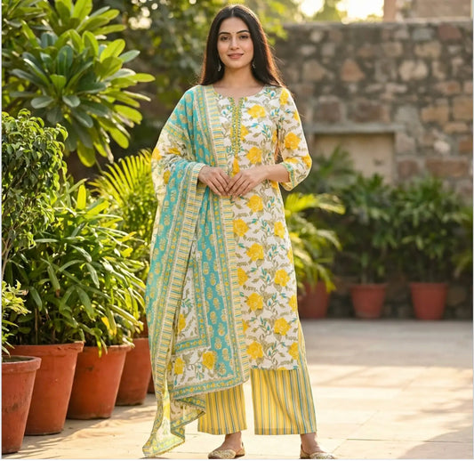 Yellow Floral Printed Straight Kurta Pant With Dupatta