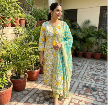 Yellow Floral Printed Straight Kurta Pant With Dupatta
