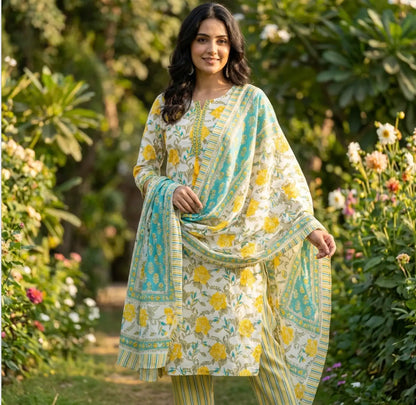 Yellow Floral Printed Straight Kurta Pant With Dupatta