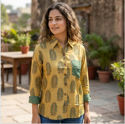 Digital Print Muslin Silk Shirt in Mustard
