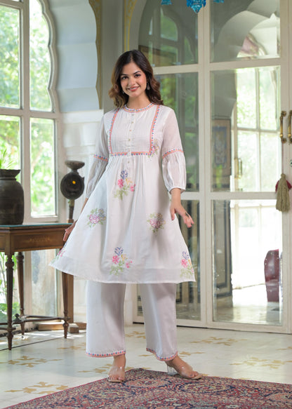 Elegant Mul Cotton A-Line Kurta Set in White